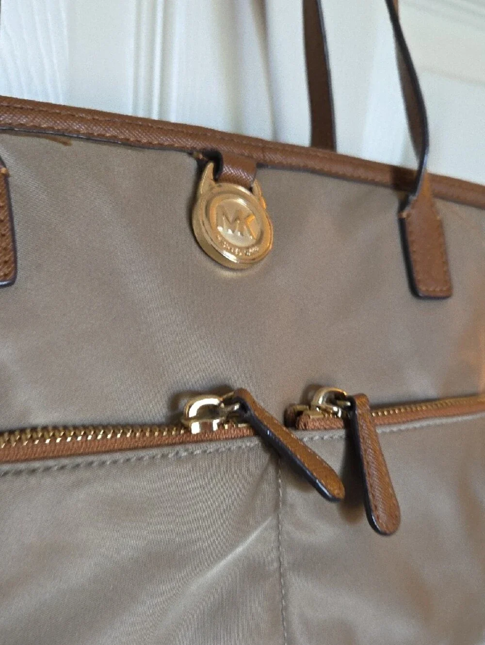 MICHAEL Michael Kors Taupe Nylon Tote with Brown Trim and Gold Hardware - Picture 5 of 12